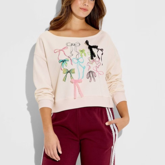 Modern Lux Sweaters - Cream Sweatshirt with Colorful Coquette Bow Designs